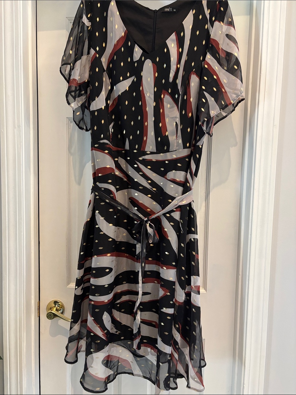Black Printed Midi Dress with Tie Waist